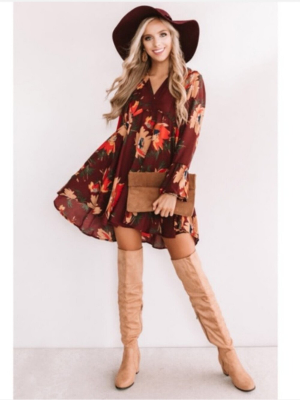 UMGEE Merlot Floral Babydoll Bell Sleeve Dress S
